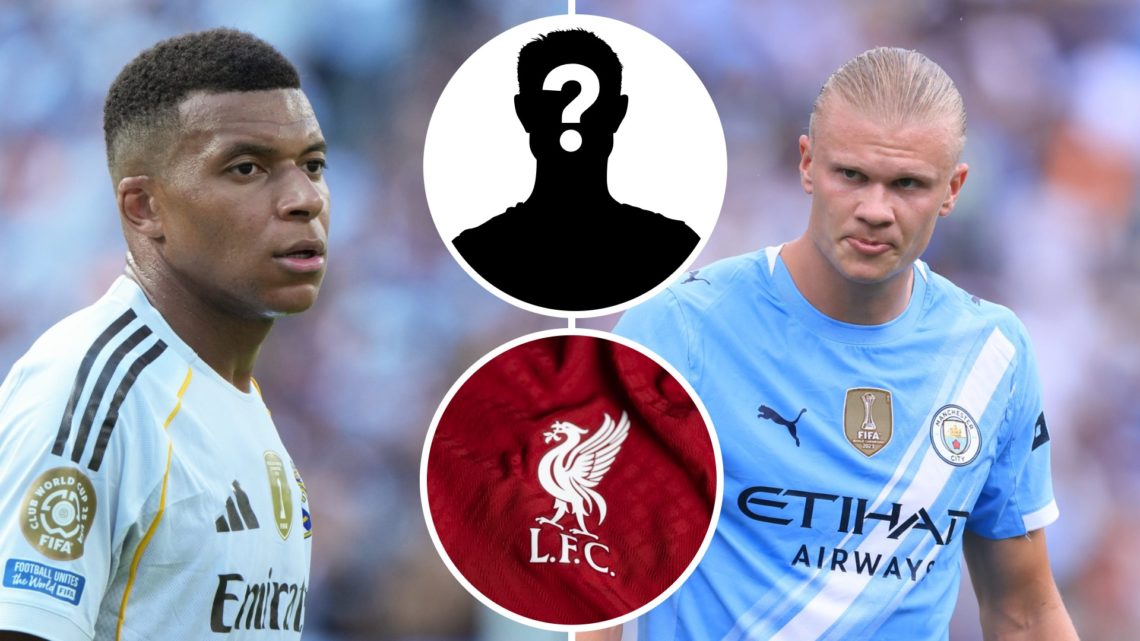 Split image of Kylian Mbappe and Erling Haaland, Liverpool badge and mystery figure inset