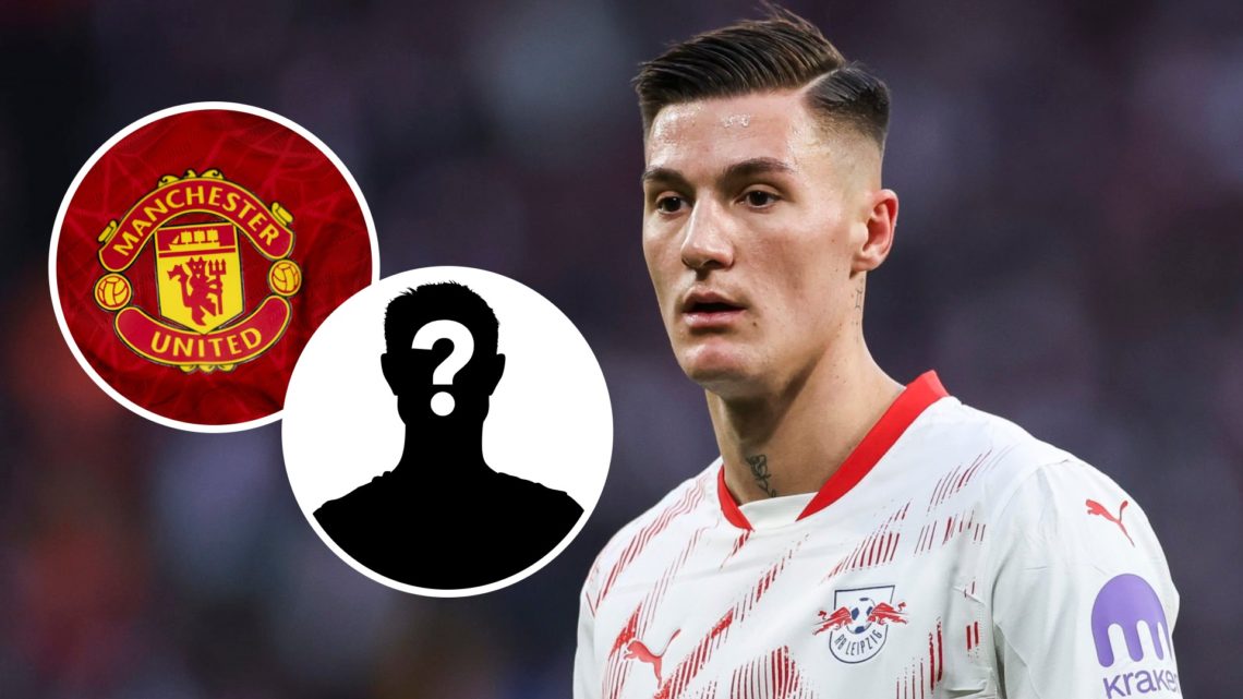 RB Leipzig striker Benjamin Sesko looks on alongside an inset of Manchester United's badge.