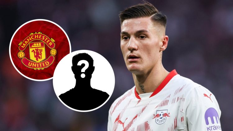 RB Leipzig striker Benjamin Sesko looks on alongside an inset of Manchester United's badge.