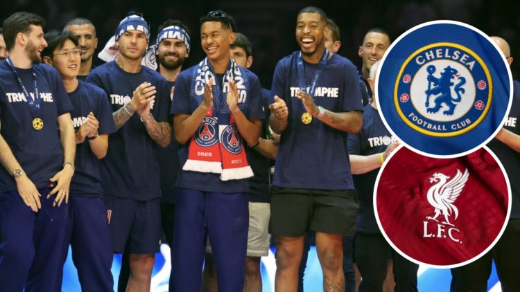 Presnel Kimpenbe of PSG celebrates winning the Champions league with the Chelsea and Liverpool badges inset