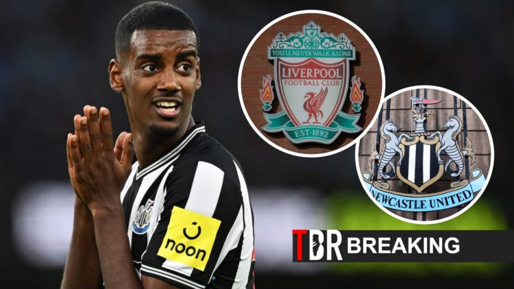 Alexander Isak of Newcastle United (left), Newcastle and Liverpool badges (right)