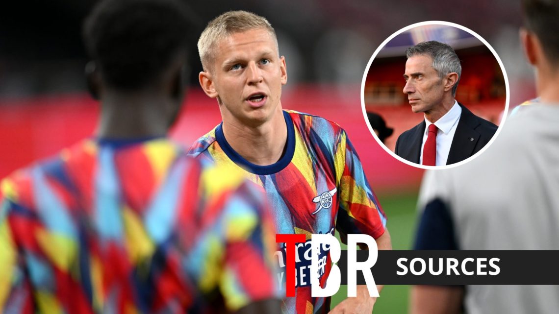 Arsenal defender Oleksandr Zinchenko with inset of Arsenal director Andrea Berta