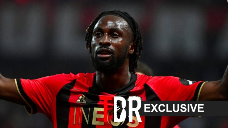 Image of Evann Guessand celebrating after scoring for OGC Nice, overlaid a TBR Exclusive banner