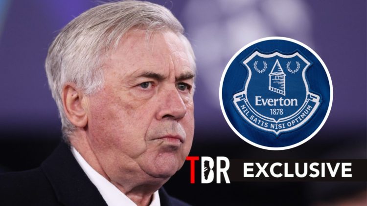 Carlo Ancelotti alongside an inset of Everton's club badge.