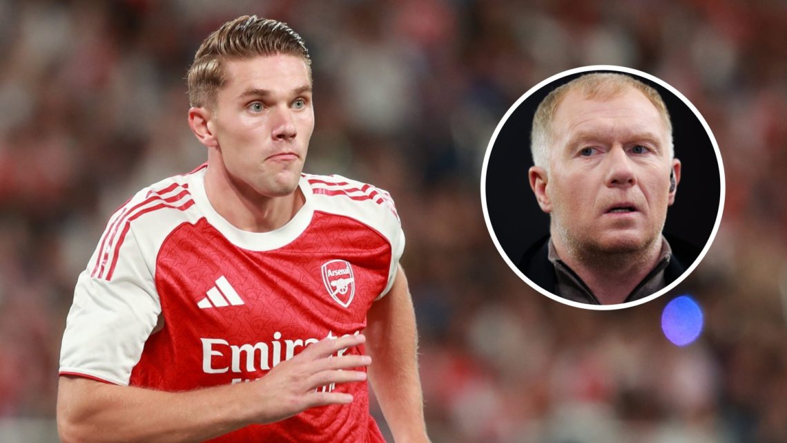 Viktor Gyokeres playing for Arsenal alongside an inset of Paul Scholes.