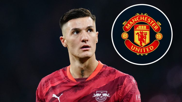 Benjamin Sesko of RB Leipzig (centre) Manchester United badge (right).