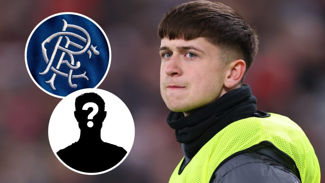 Tottenham Hotspur loanee Mikey Moore in action. Inset of Rangers badge and a mystery player.