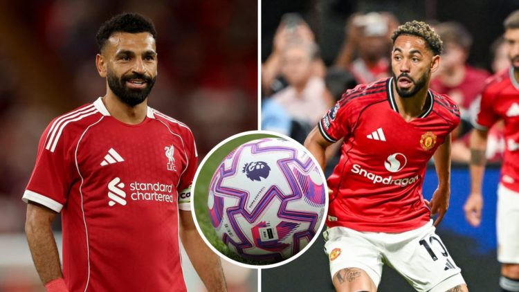 Split image of Mohamed Salah of Liverpool and Mattheus Cunha of Manchester United with the new Premier League ball inset