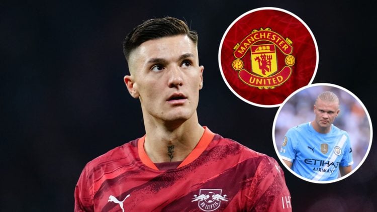 Benjamin Sesko of RB Leipzig (centre) Manchester United badge (right) Erling Haaland (right).