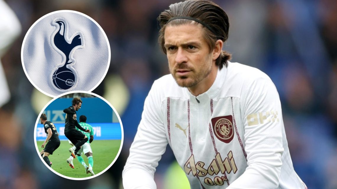 Jack Grealish ahead of Man City match. Inset of James Maddison suffering injury and Tottenham Hotspur badge.