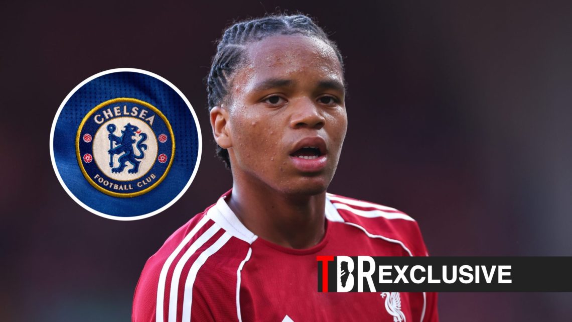 Rio Ngumoha in action for Liverpool, Chelsea badge, TBR logo and exclusive tag inset