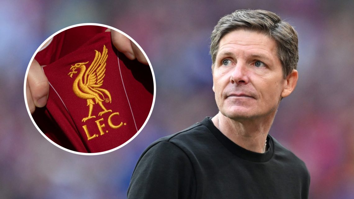Crystal Palace manager Oliver Glasner alongside Liverpool's club badge.