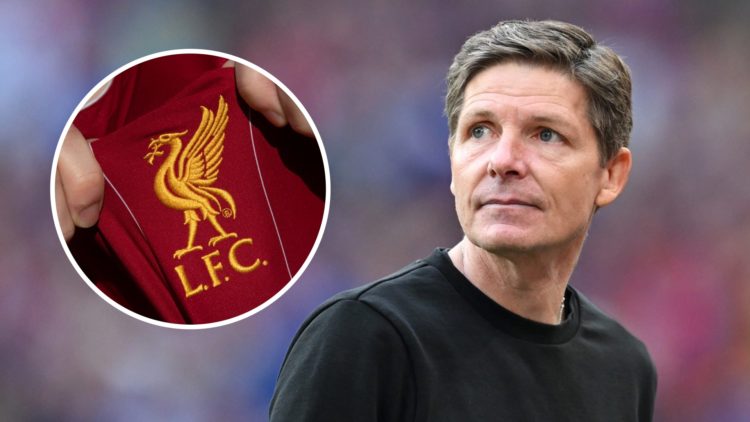 Crystal Palace manager Oliver Glasner alongside Liverpool's club badge.