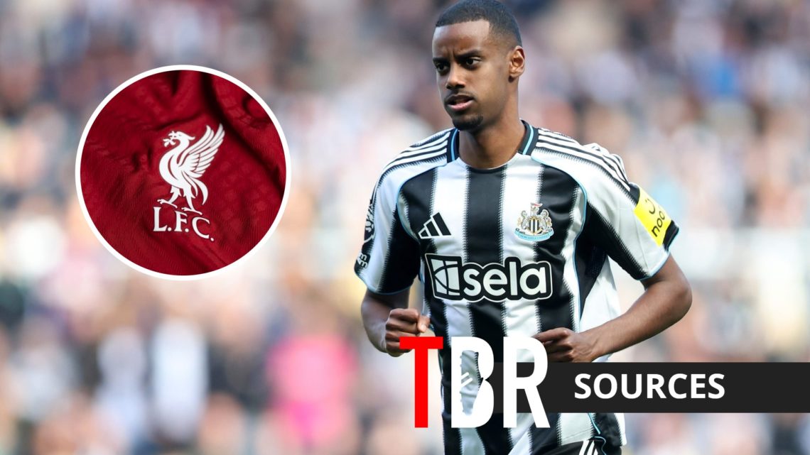 Newcastle United striker Alexander Isak with inset of Liverpool badge