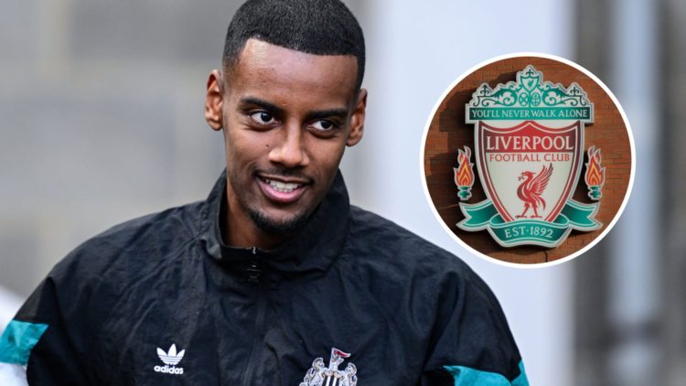 Alexander Isak before Newcastle against Manchester United. The Liverpool club badge.