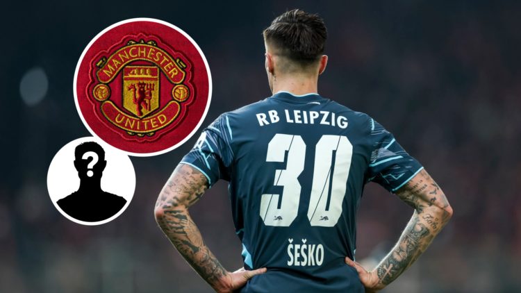 Benjamin Sesko in action for RB Leipzig against Union Berlin, Manchester United badge and mystery figure inset