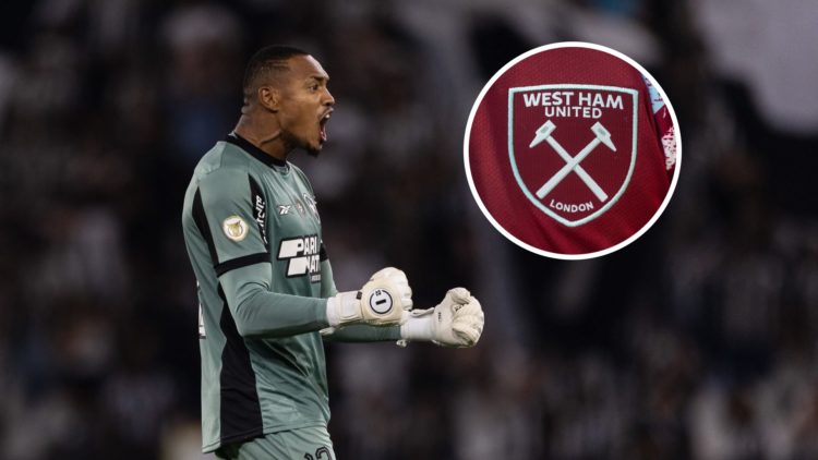 Botafogo goalkeeper John Victor with inset of West Ham badge
