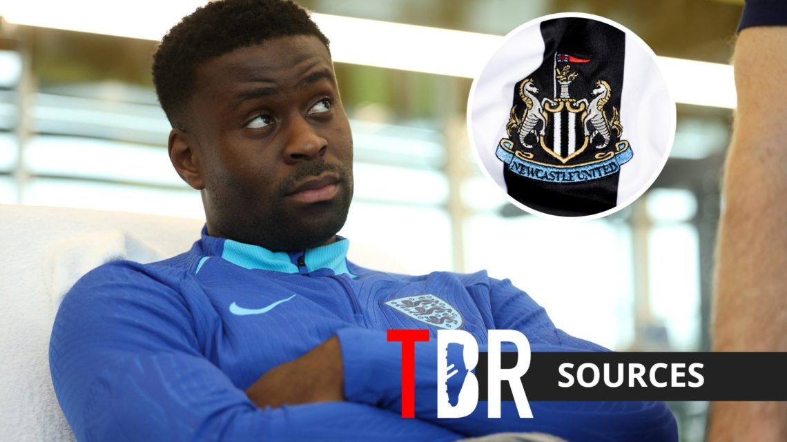 Crystal Palace defender Marc Guehi with inset of Newcastle United badge