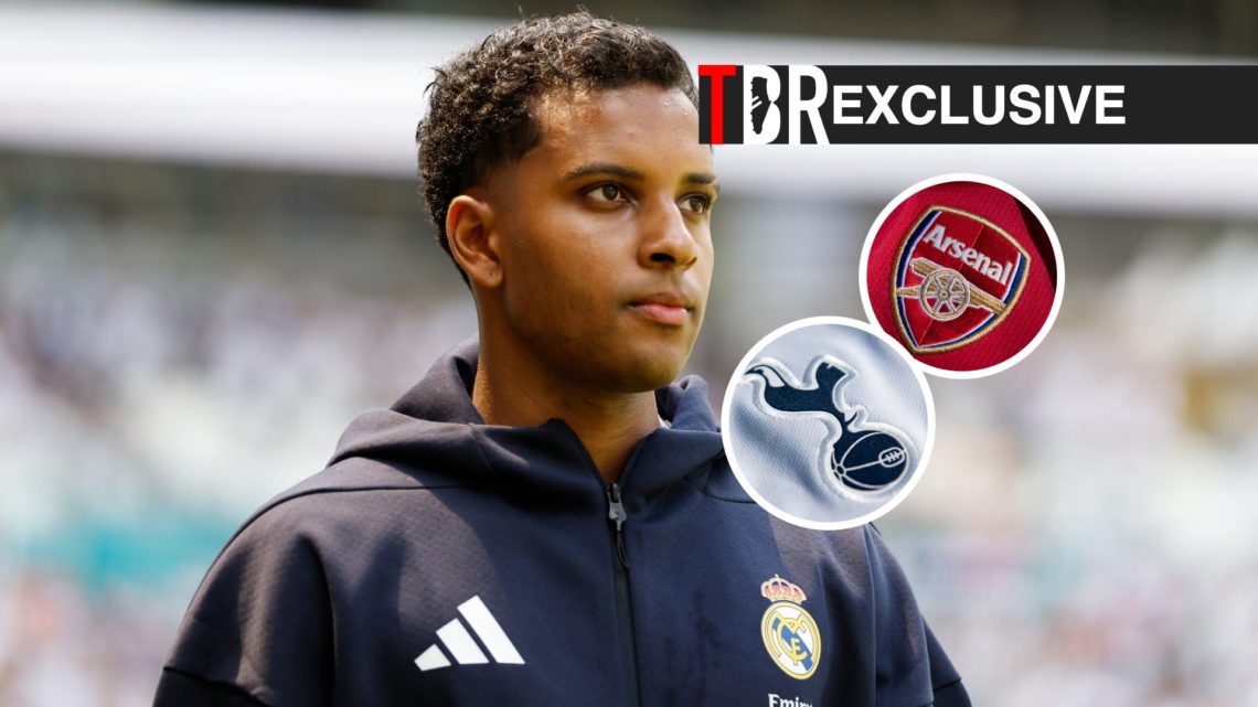 Rodrygo before the FIFA Club World Cup clash between Real Madrid and Al Hilal, Arsenal badge, Tottenham badge, TBR logo and exclusive tag inset