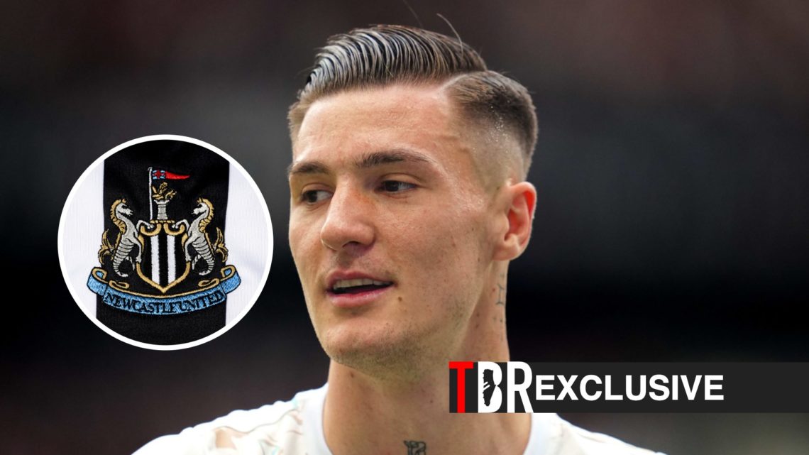 Benjamin Sesko in action for RB Leipzig, Newcastle badge, TBR logo and exclusive tag inset