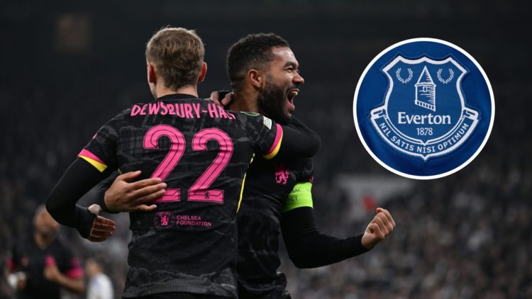 Kiernan Dewsbury-Hall and Reece James in Chelsea colours with inset of Everton badge