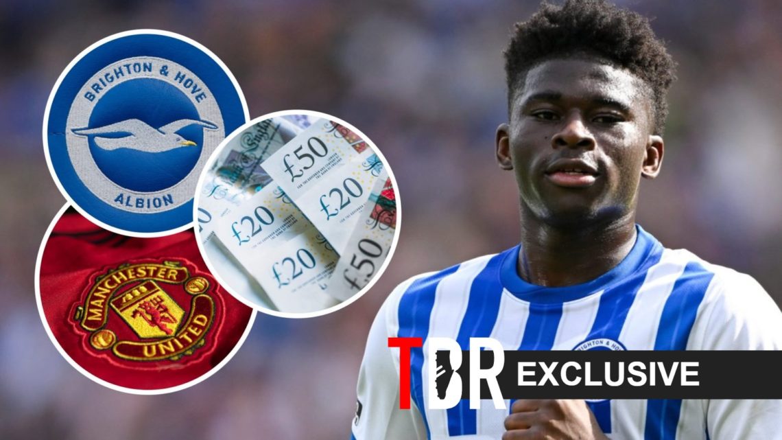 Carlos Baleba with a Manchester United badge, a Brighton badge and some bank notes
