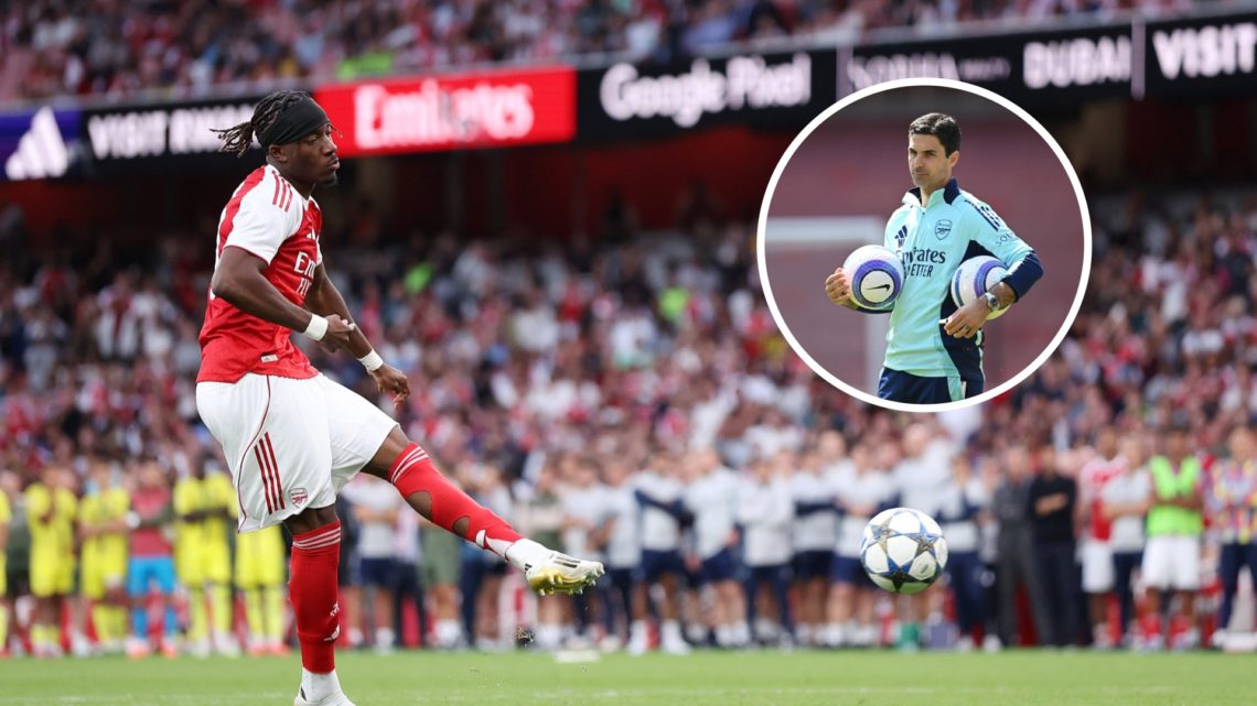 Arsenal winger Noni Madueke with inset of Mikel Arteta
