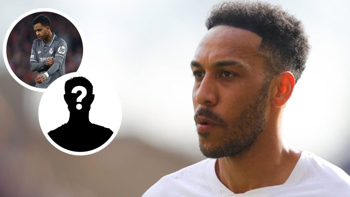 Image of Pierre-Emerick Aubameyang looking on during a Chelsea game, with insets of Rodrygo Goes looking dejected while playing for Real Madrid and...