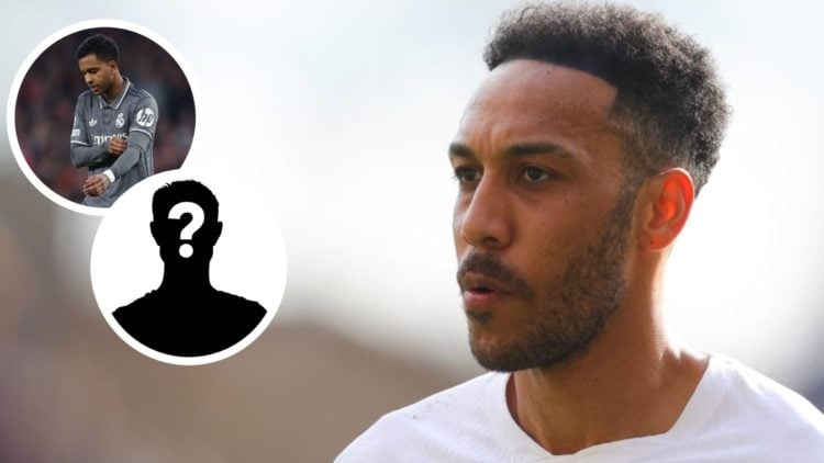 Image of Pierre-Emerick Aubameyang looking on during a Chelsea game, with insets of Rodrygo Goes looking dejected while playing for Real Madrid and...