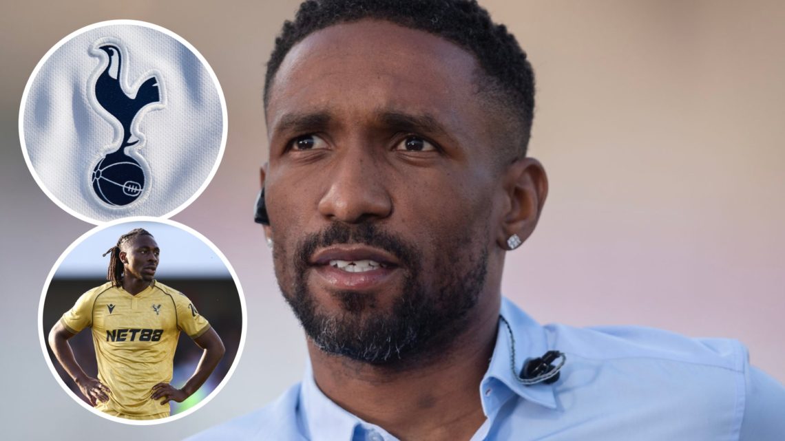 Tottenham Hotspur legend Jermain Defoe on punditry. Inset of Spurs badge and Crystal Palace winger Eberechi Eze.