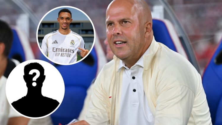 Arne Slot, Manager of Liverpool FC (right) Trent Alexander-Arnold of Real Madrid (left) Mystery (left)