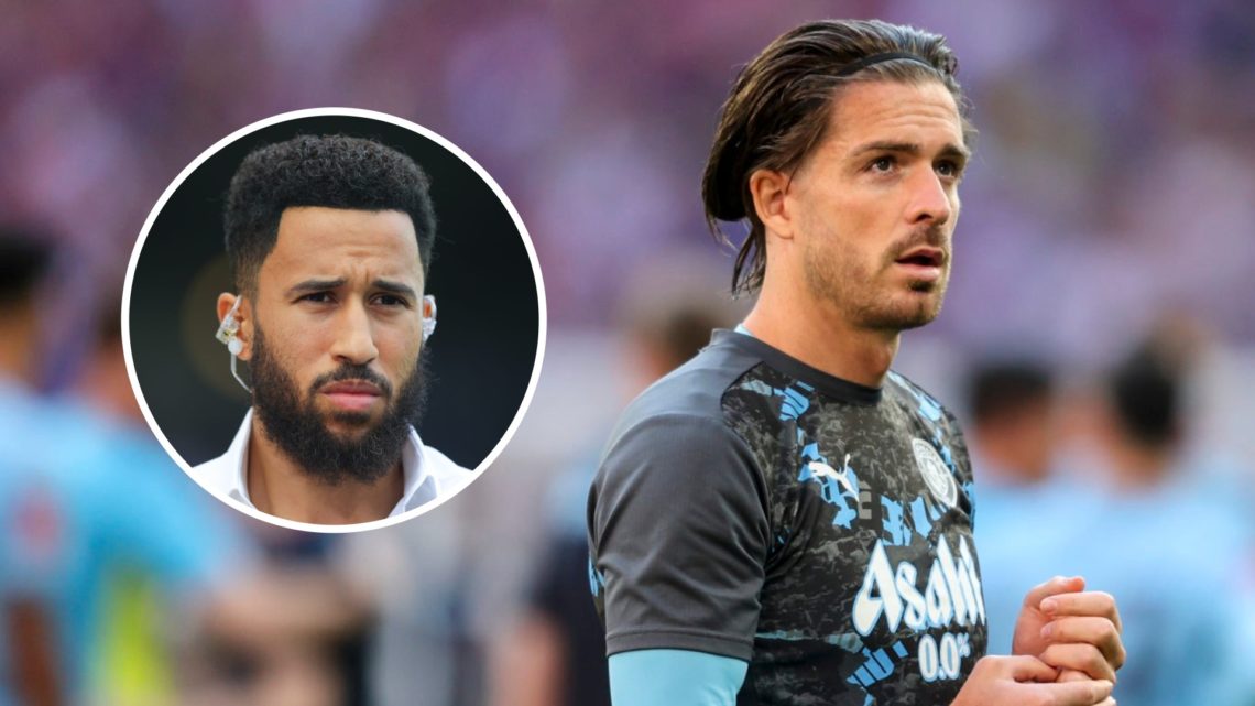 Jack Grealish looks for Manchester City alongside an inset of former Everton midfielder Andros Townsend.
