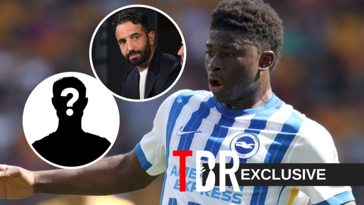 Carlos Baleba of Brighton & Hove Albion (centre) Ruben Amorim (left) Mystery (left) Exclusive (right)