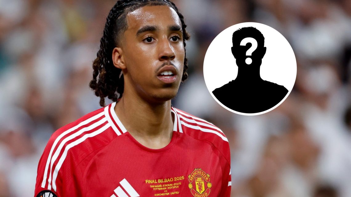 Leny Yoro in action for Manchester United against Tottenham in the 2025 UEFA Europa League final, mystery figure inset