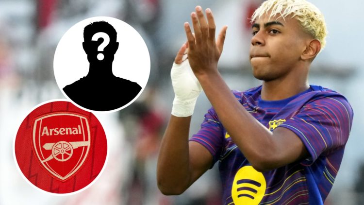 Barcelona star Lamine Yamal alongside Arsenal's club badge.