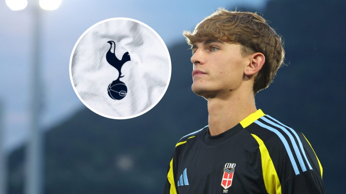 Nico Paz in action for Como, Tottenham badge inset