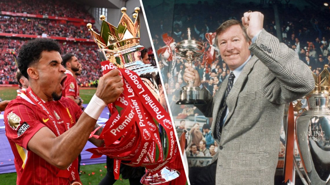 Split image of Luis Diaz of Liverpool holding the Premier League trophy and former Manchester United boss Sir Alex Fergusonzzzzz