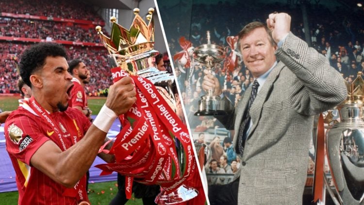 Split image of Luis Diaz of Liverpool holding the Premier League trophy and former Manchester United boss Sir Alex Fergusonzzzzz