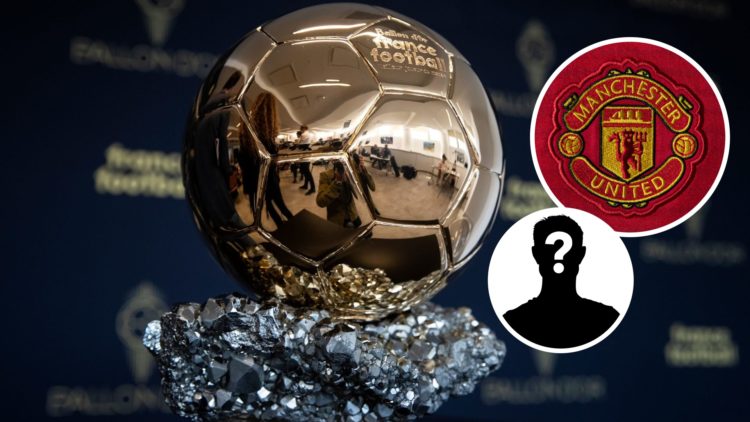 Image of the Ballon d'Or trophy, Manchester United badge and mystery figure inset