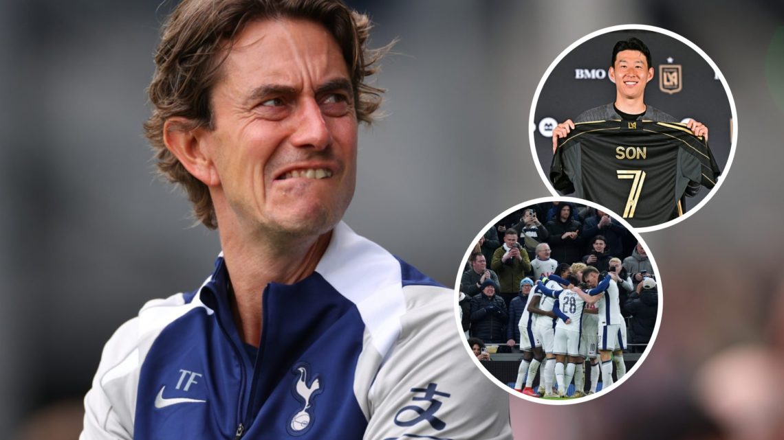 Tottenham Hotspur manager Thomas Frank ahead of match. Inset of Son Heung-min signing for LAFC and Wilson Odobert celebrating.