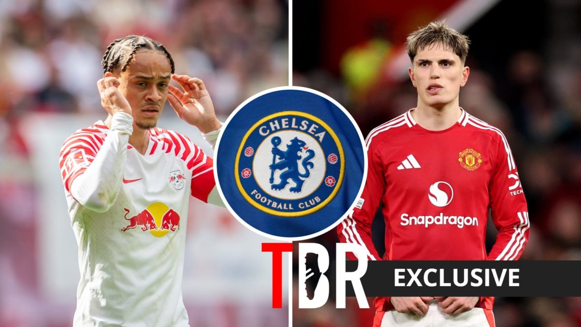 Split image of Xavi Simons and Alejandro Garnacho with inset of Chelsea badge
