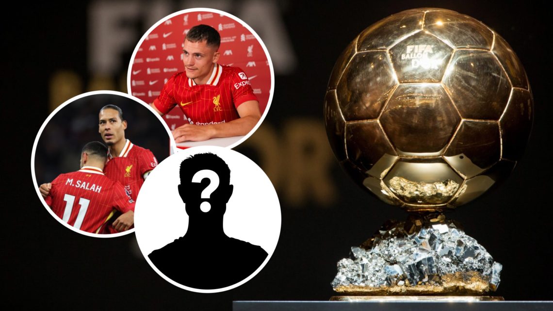Ballon d'Or trophy (right) Liverpool players Virgil van Dijk, Florian Wirtz and Mohamed Salah with a mystery player overlay