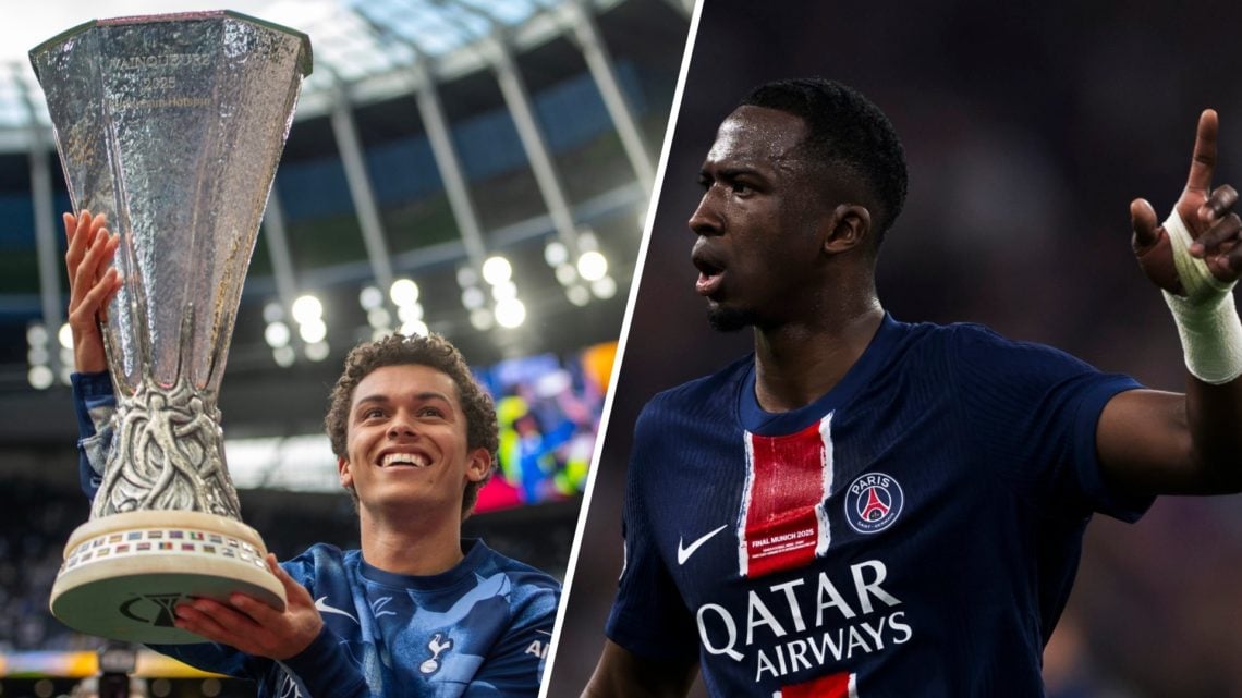 Split image of Tottenham Player Brennan Johnson holding the Europa League and PSG player Willian Pacho