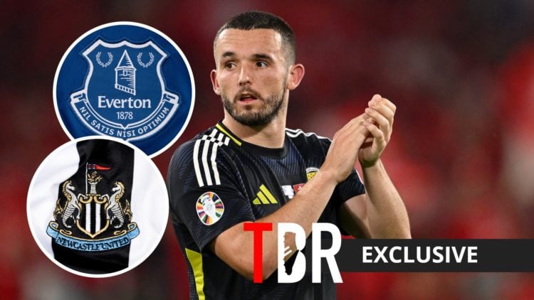 Aston Villa and Scotland star John McGinn with insets of Everton and Newcastle badges