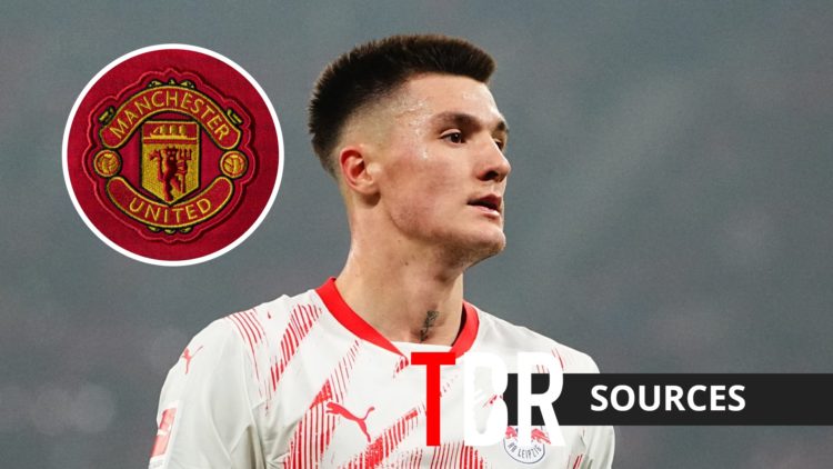 RB Leipzig striker Benjamin Sesko with inset of Manchester United badge