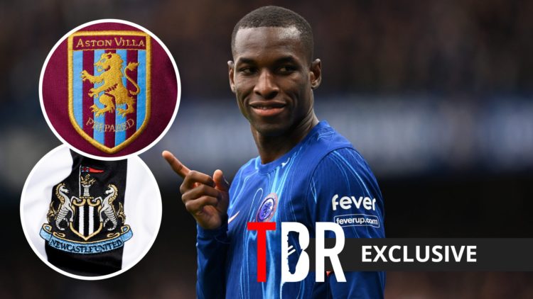 Chelsea striker Nicolas Jackson with insets of Aston Villa and Newcastle United badges
