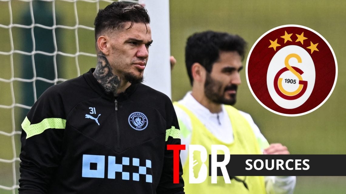 Manchester City duo Ederson and Ilkay Gundogan with inset of Galatasaray badge