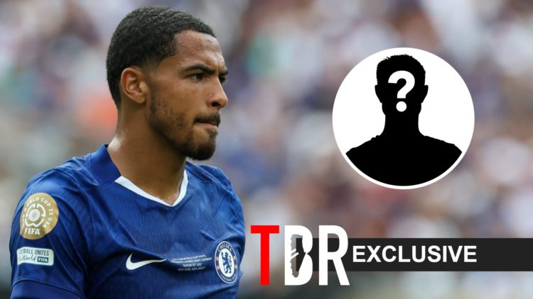 Levi Colwill looking on during Chelsea's Club World Cup final clash vs PSG with an inset of a mystery player. Overlaid, a TBR Exclusive banner