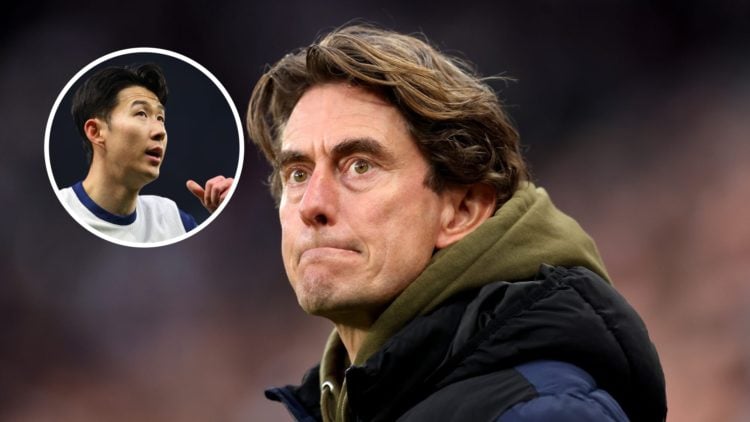 Tottenham Hotspur manager Thomas Frank with inset of Son Heung-min