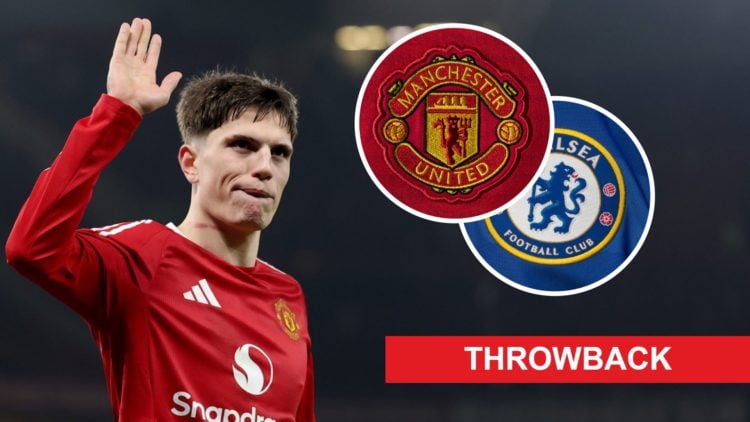 Alejandro Garnacho gestures with his right hand during a Manchester United game. Chelsea club badge. Manchester United Club Crest.